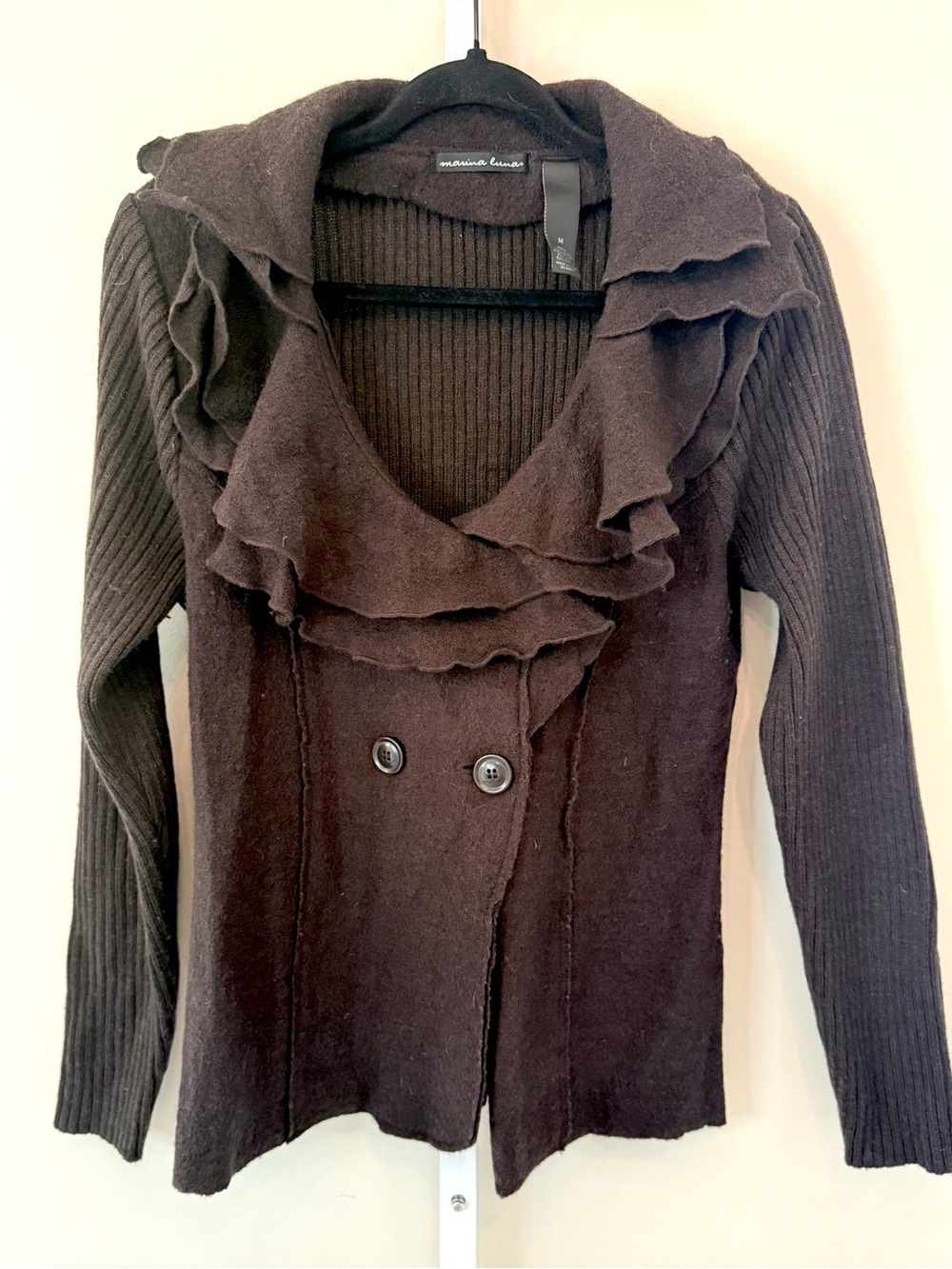 Marina Luna Black 100% Wool Ruffle Collar Cardigan Sweater Size M Boho